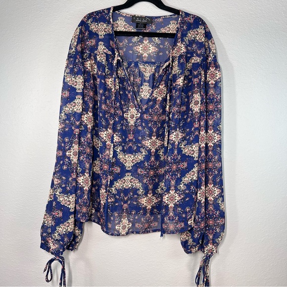 Trixxi Tops - Trixxi Blue and White Floral V-Neck Bishop Sleeve Blouse